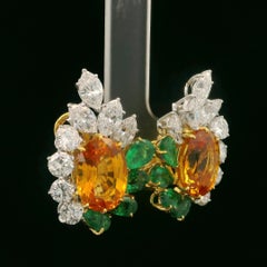 Elegant Platinum Gold GIA 16ctw Sapphire Emerald & Fiery Diamond Earrings