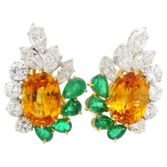 Elegant Platinum Gold GIA 16ctw Sapphire Emerald & Fiery Diamond Earrings