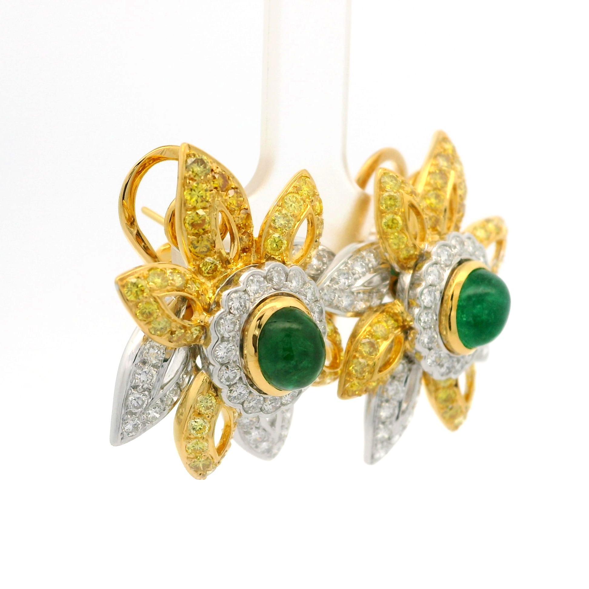 Élégantes boucles d'oreilles fleur en platine et or avec émeraude de 6,12 carats certifiée GIA et diamants fantaisie en vente 6