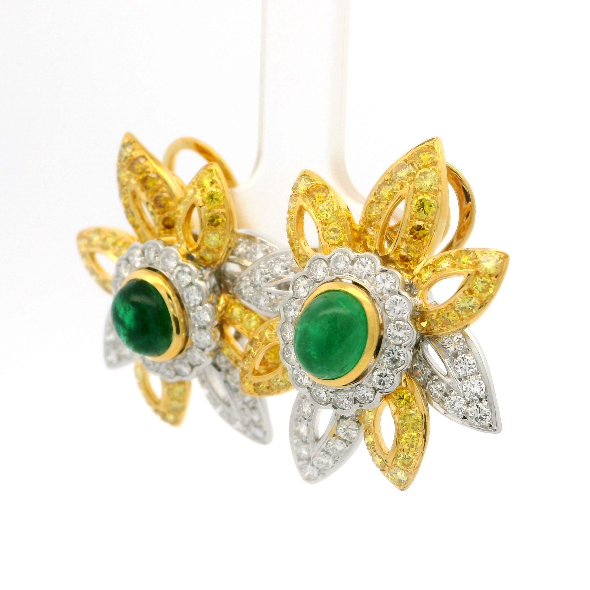 Élégantes boucles d'oreilles fleur en platine et or avec émeraude de 6,12 carats certifiée GIA et diamants fantaisie en vente 7