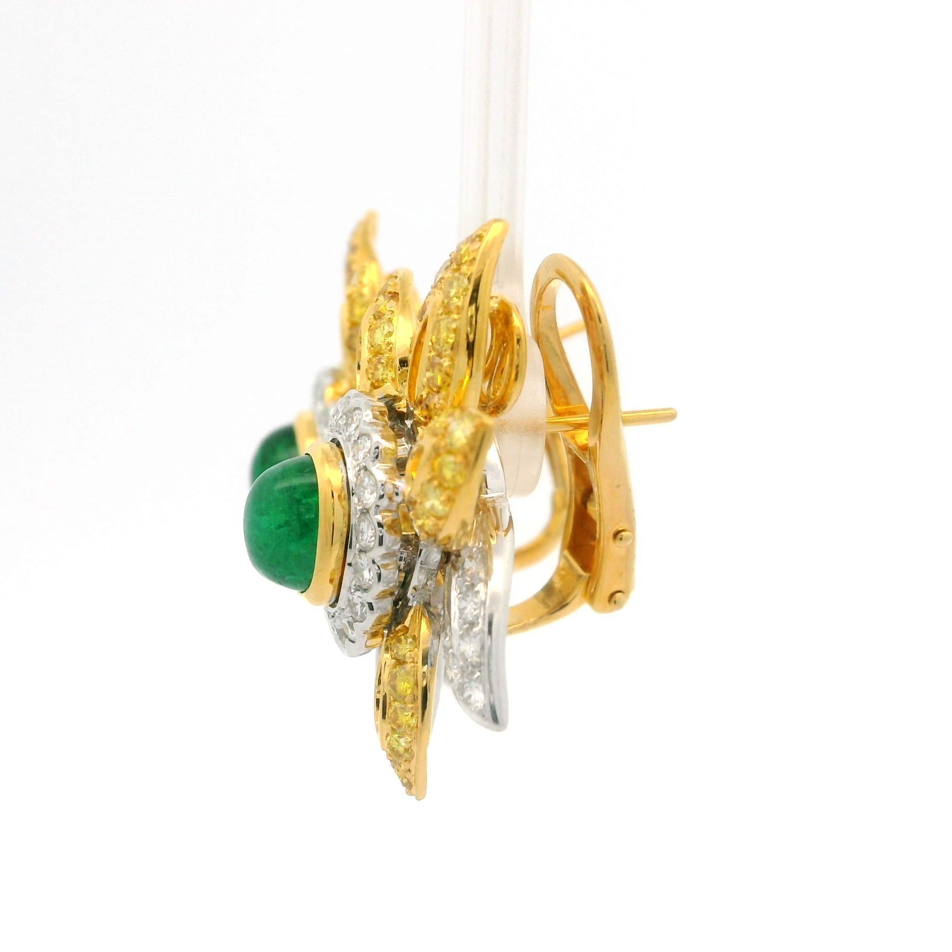 Élégantes boucles d'oreilles fleur en platine et or avec émeraude de 6,12 carats certifiée GIA et diamants fantaisie en vente 8