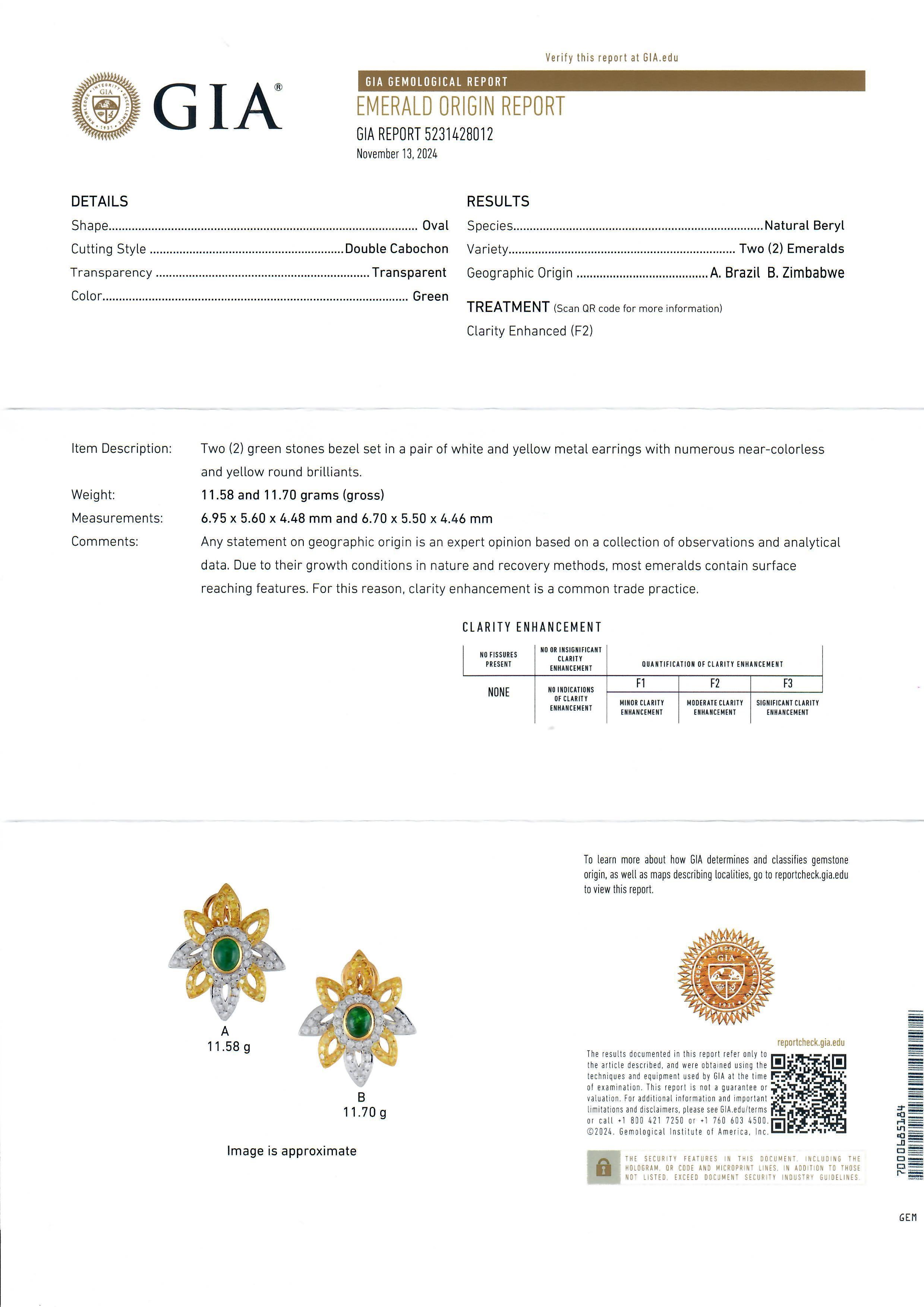 Élégantes boucles d'oreilles fleur en platine et or avec émeraude de 6,12 carats certifiée GIA et diamants fantaisie en vente 4
