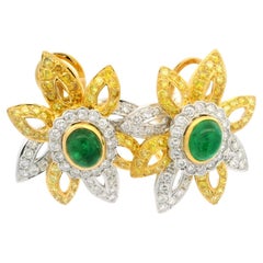 Elegant Platinum & Gold GIA 6.12ctw Emerald Fancy Diamond Flower Spray Earring