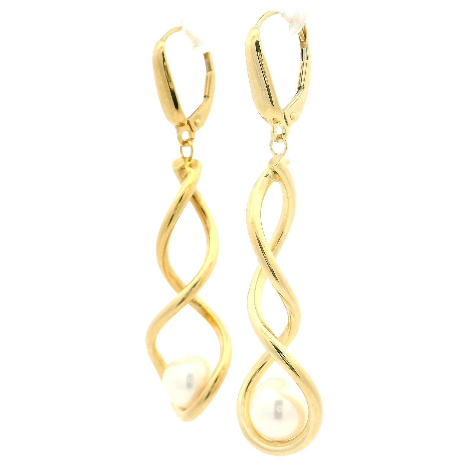 Elegant Polished 14k Yellow Gold Cultured Pearl Dangle Drop Spiral Twist Earring en venta