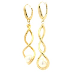 Elegant Polished 14k Yellow Gold Cultured Pearl Dangle Drop Spiral Twist Earring