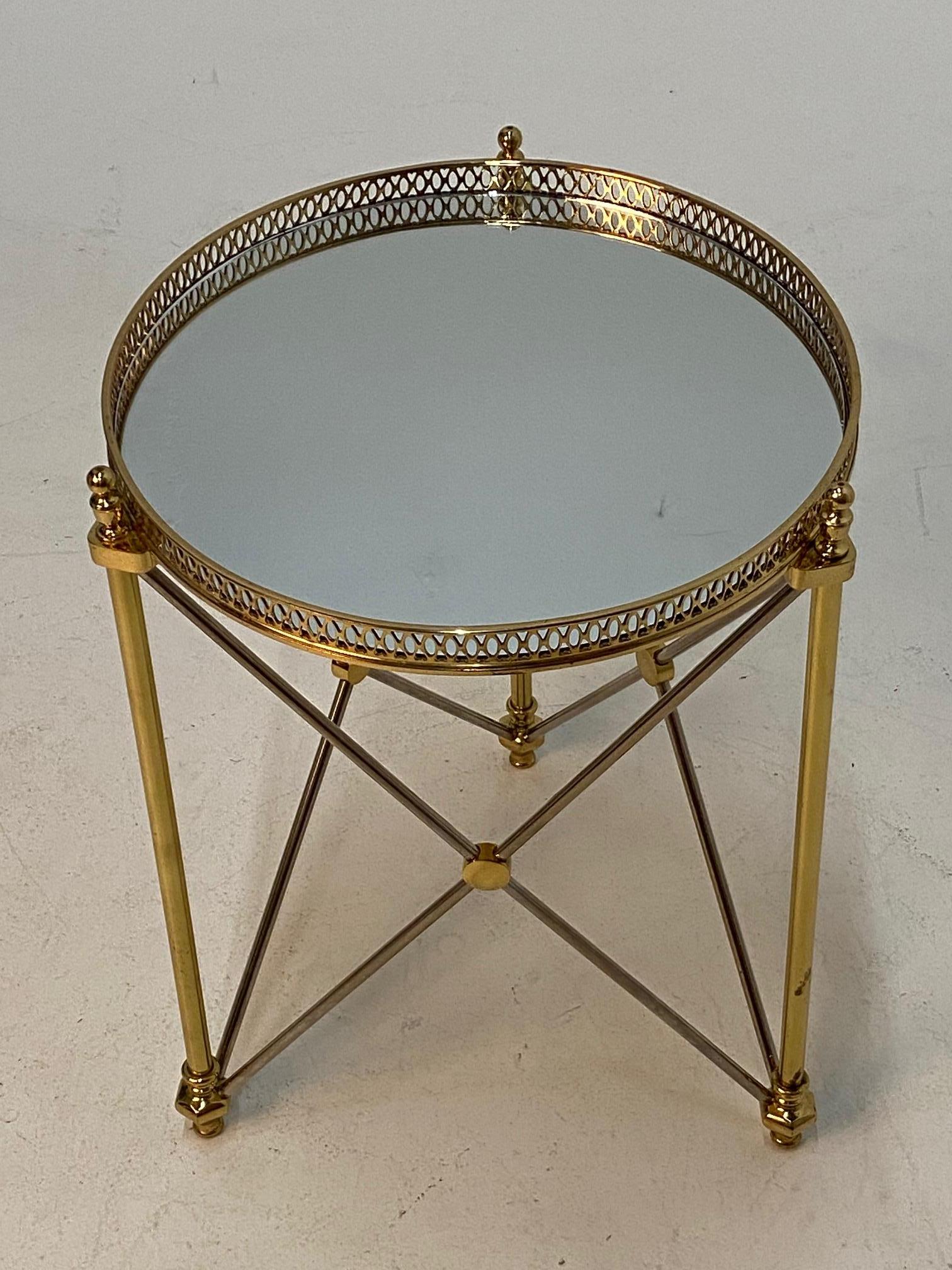 French Elegant Polished Steel & Brass Neoclassical Round Martini Table
