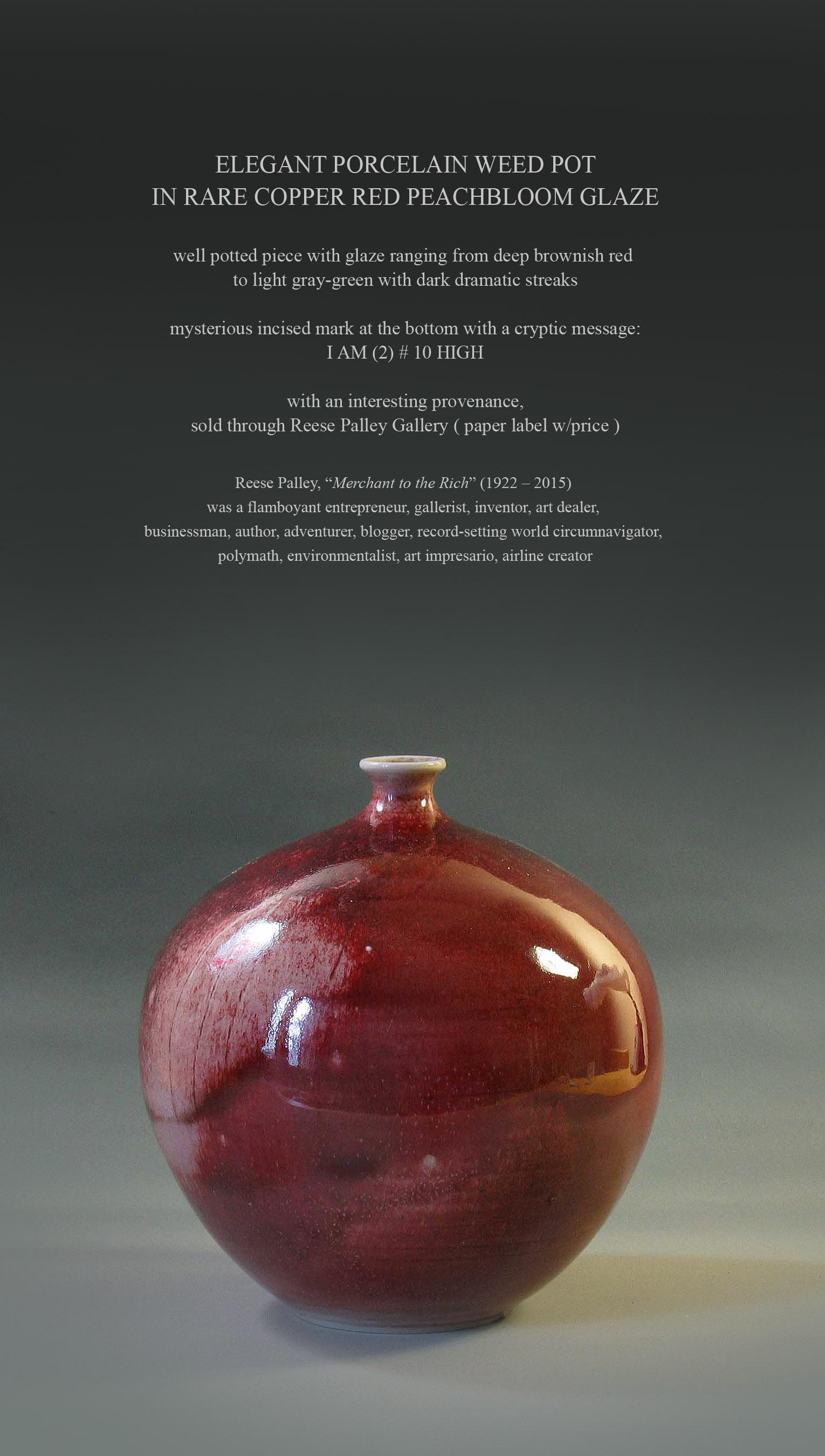 Elegant Porcelain Weed Pot in Rare Copper Red Peachbloom Glaze For Sale 1