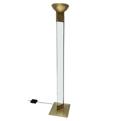 Elegant Postmodern Glass, Brass and Varnished Metal Floor Lamp, Italy, 1980s