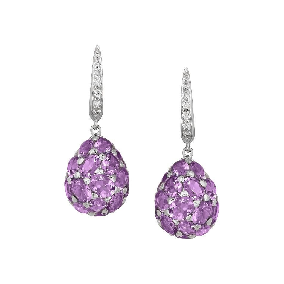 Necklace White Gold 18 K (Matching Earrings and Ring Available)
Diamond 2-Round 57-0,02ct-4/5A
Diamond 2-Round 57-0,01ct-4/5
Amethyst  7-Oval-1ct 3/2
Amethyst 10-Oval-3,16ct 3/2A
Weight 6.02 grams
Size 43cm

With a heritage of ancient fine Swiss