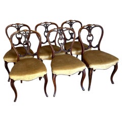 Elegant quality set of six antique Victorian carved walnut dining chairs