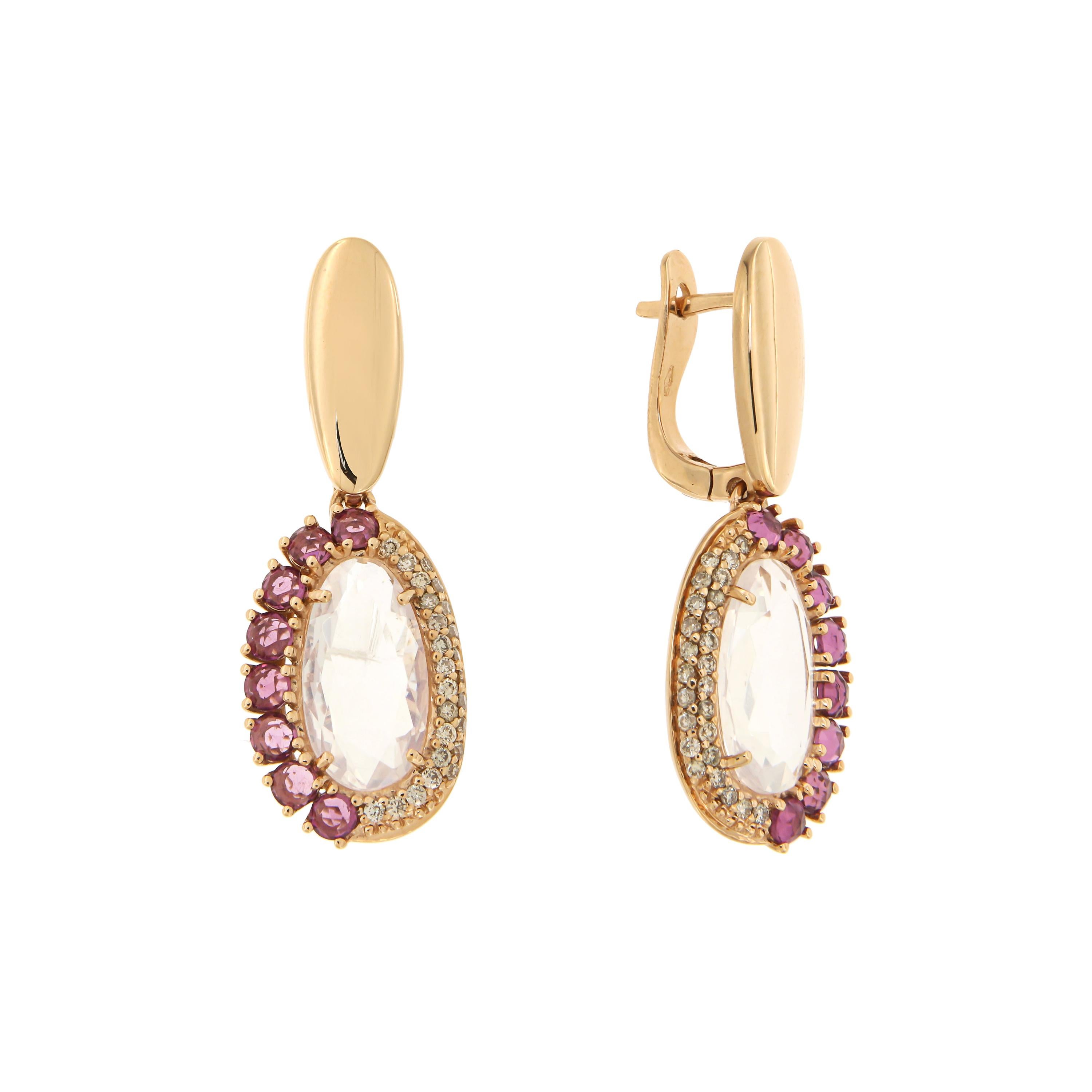 Elegant Quartz Rhodolite Brown Diamonds Rose Gold Earrings for Her Made in Italy