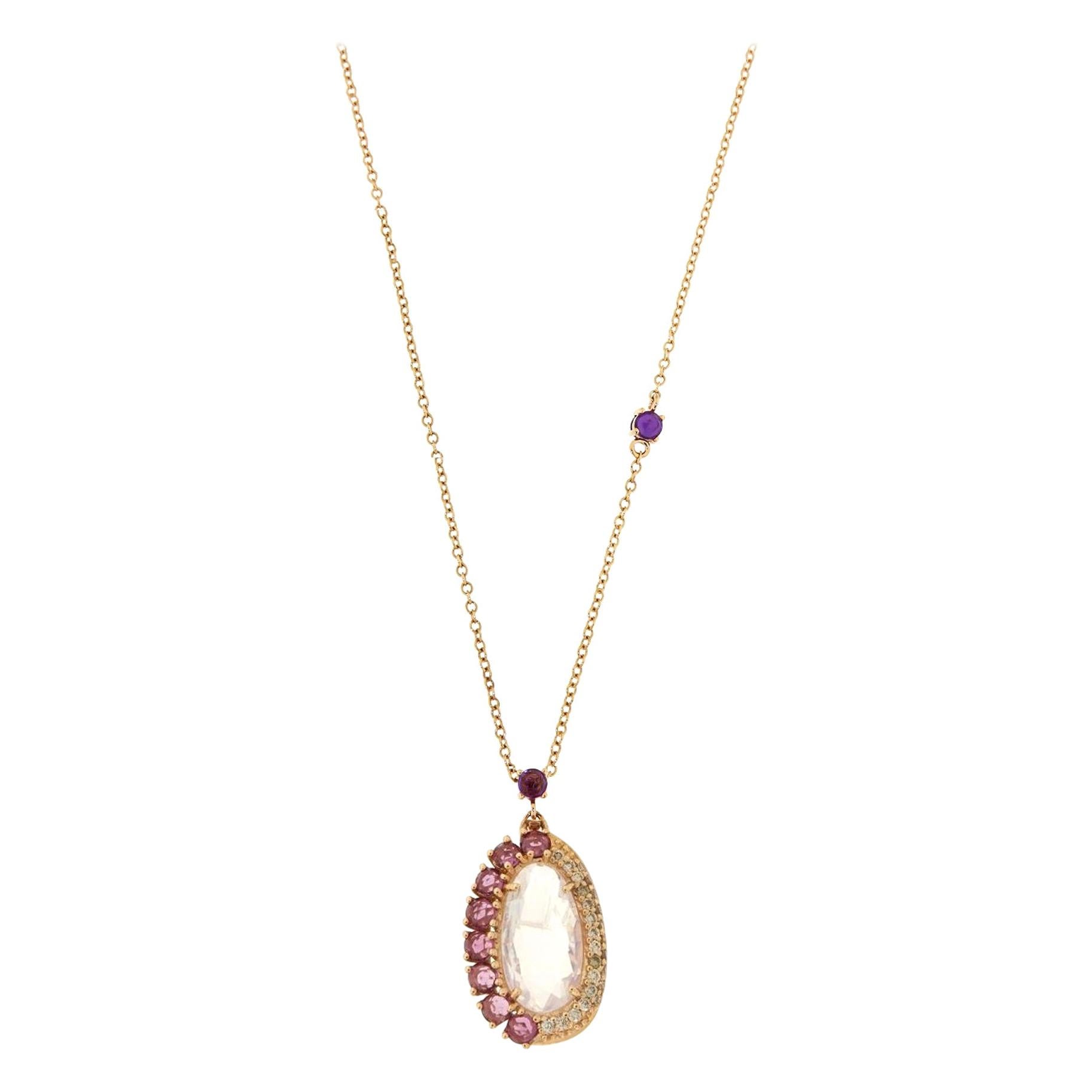 Élégant collier en or rose avec quartz, rhodolite et diamants bruns, fabriqué en Italie