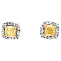 Elegant Radiance: Exquisite Yellow and White Diamond Halo Earrings in 18K Gold