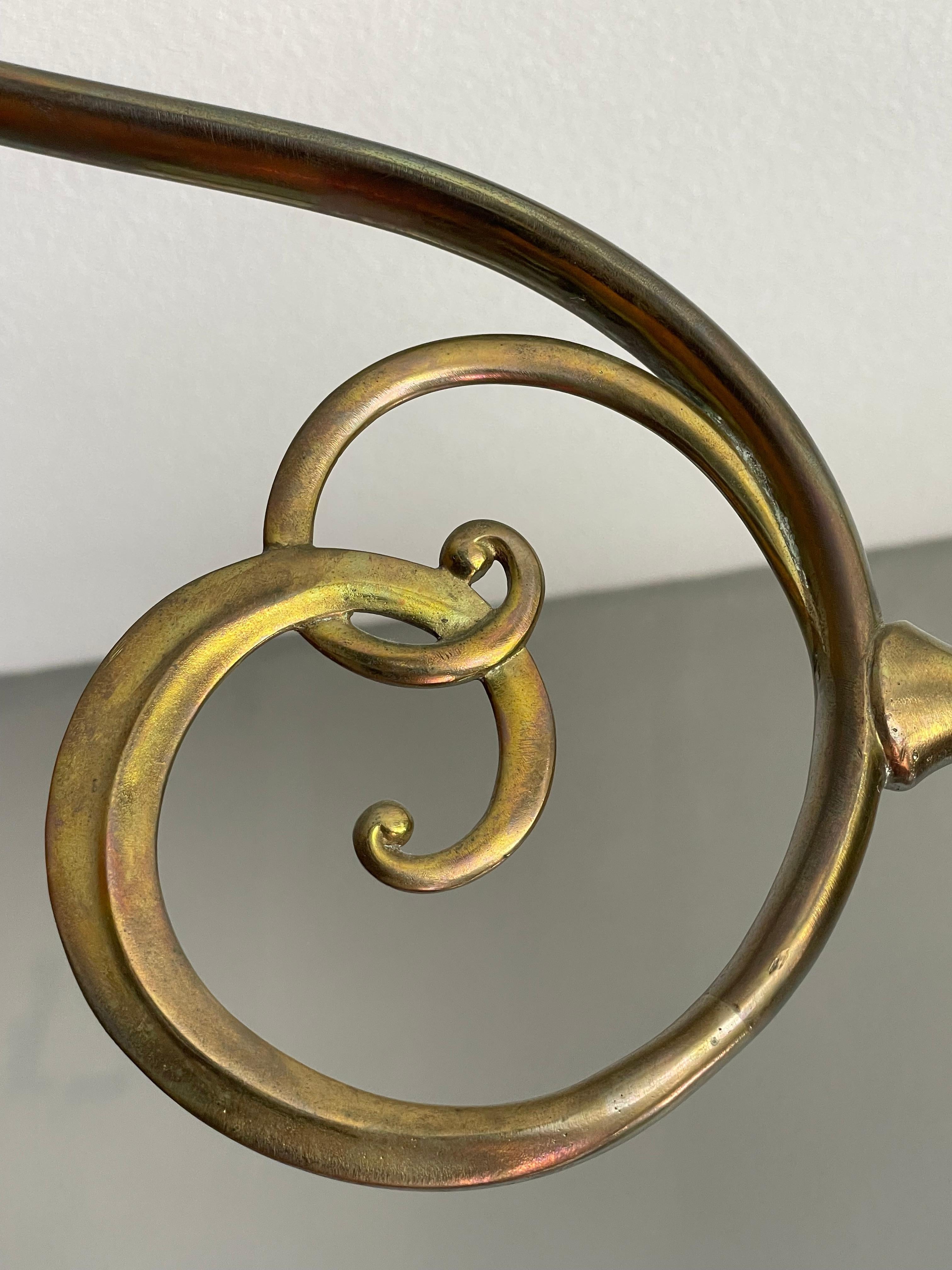 Elegant & Rare Art Nouveau / Arts & Crafts Brass Chandelier W. Art Glass Shades For Sale 6