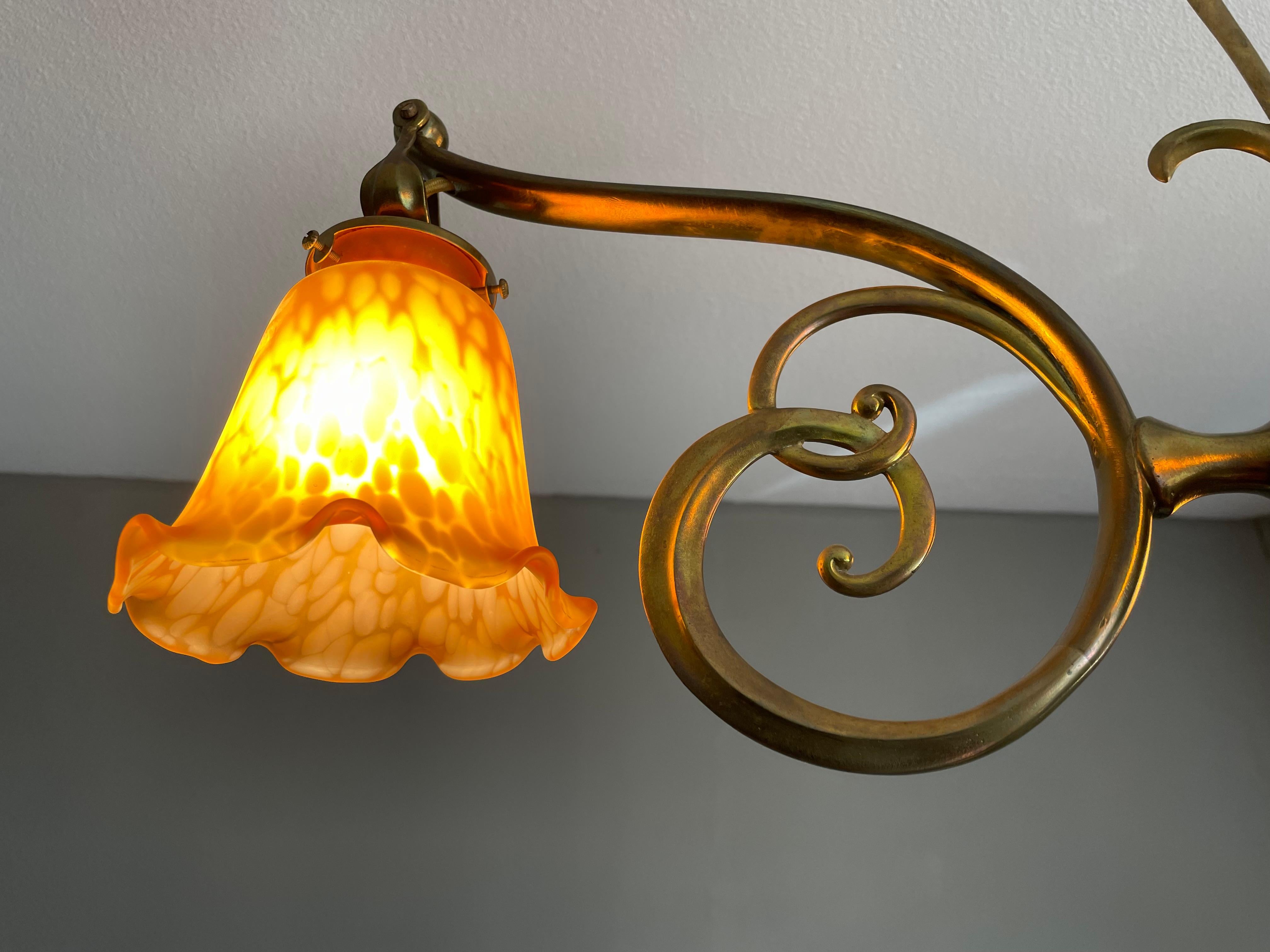 European Elegant & Rare Art Nouveau / Arts & Crafts Brass Chandelier W. Art Glass Shades For Sale