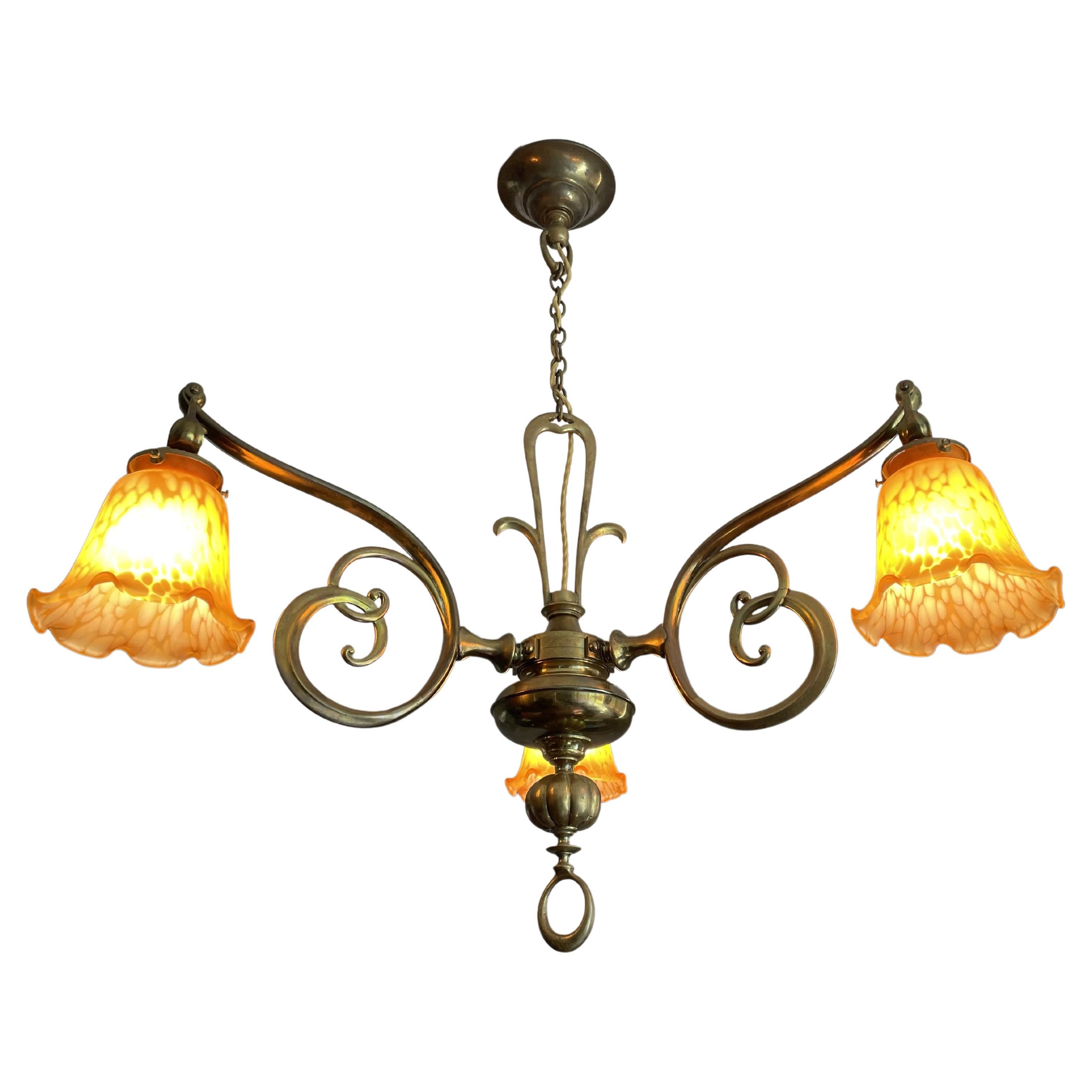 Elegant & Rare Art Nouveau / Arts & Crafts Brass Chandelier W. Art Glass Shades For Sale