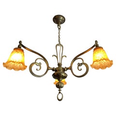 Antique Elegant & Rare Art Nouveau / Arts & Crafts Brass Chandelier W. Art Glass Shades