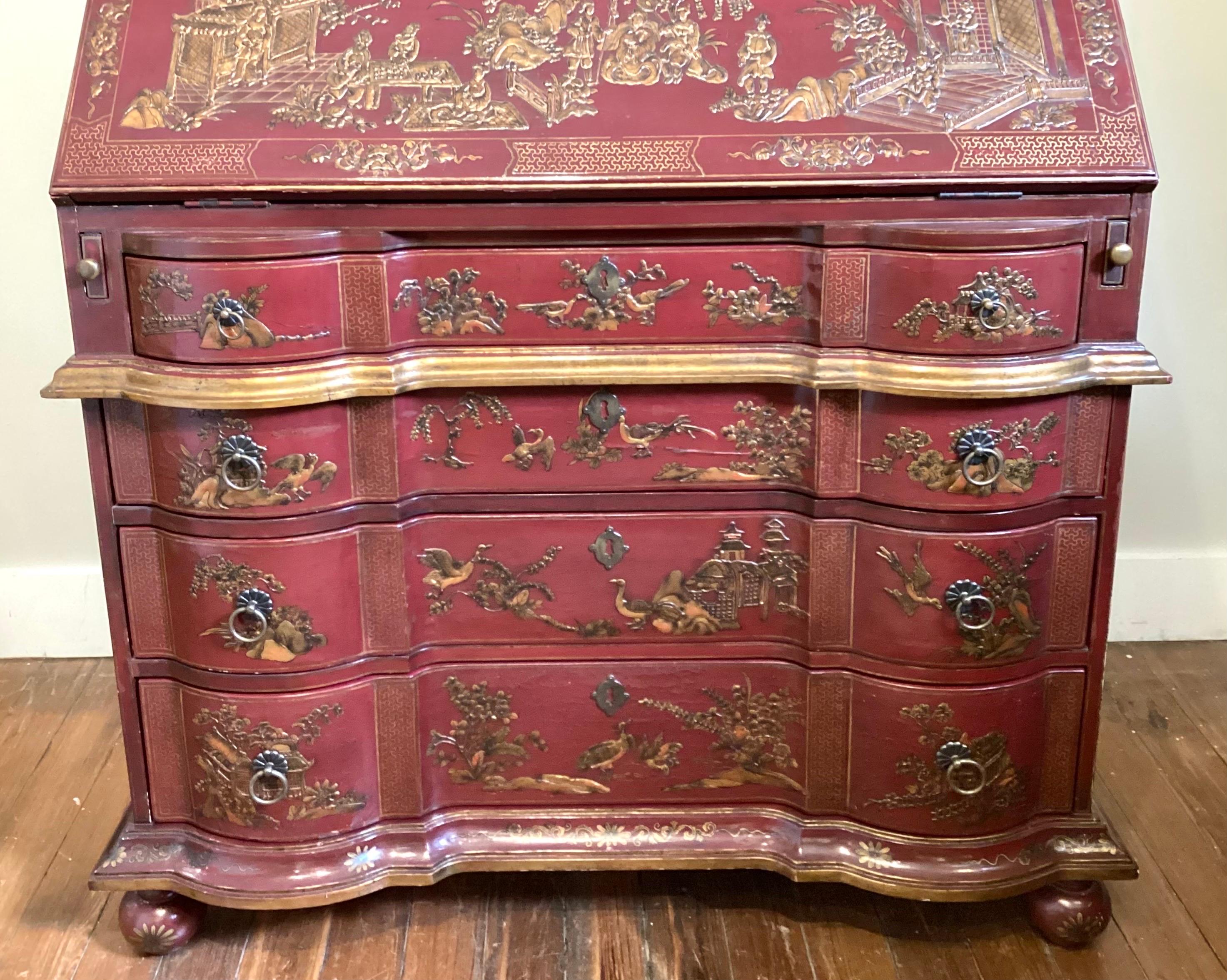 American Elegant Red Chinoiserie Hand Painted Secretary Desk  For Sale