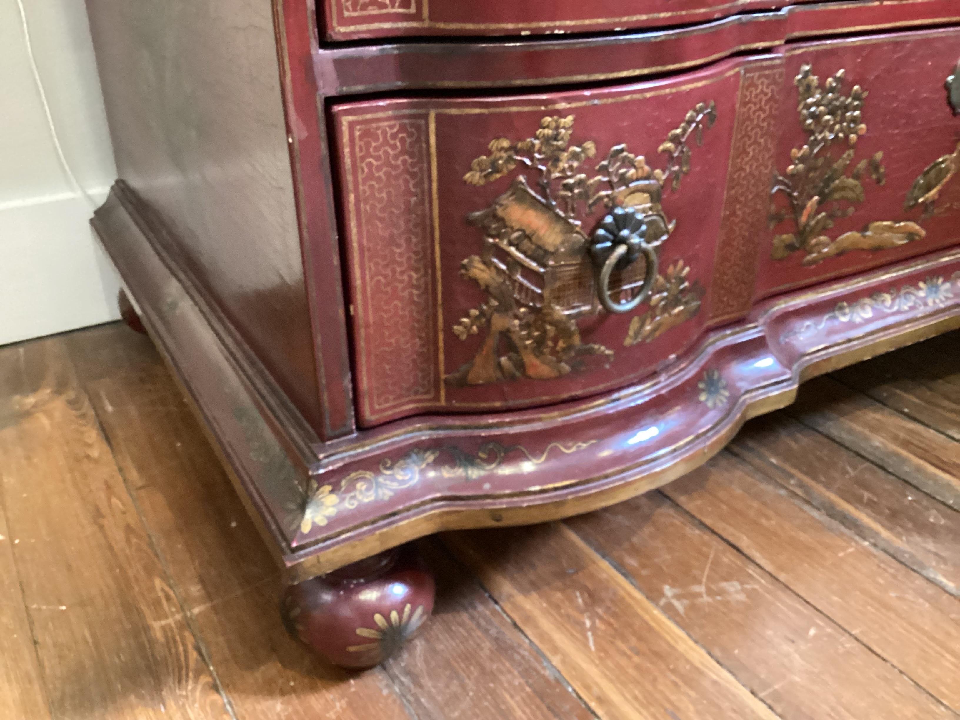 Hand-Painted Elegant Red Chinoiserie Hand Painted Secretary Desk  For Sale
