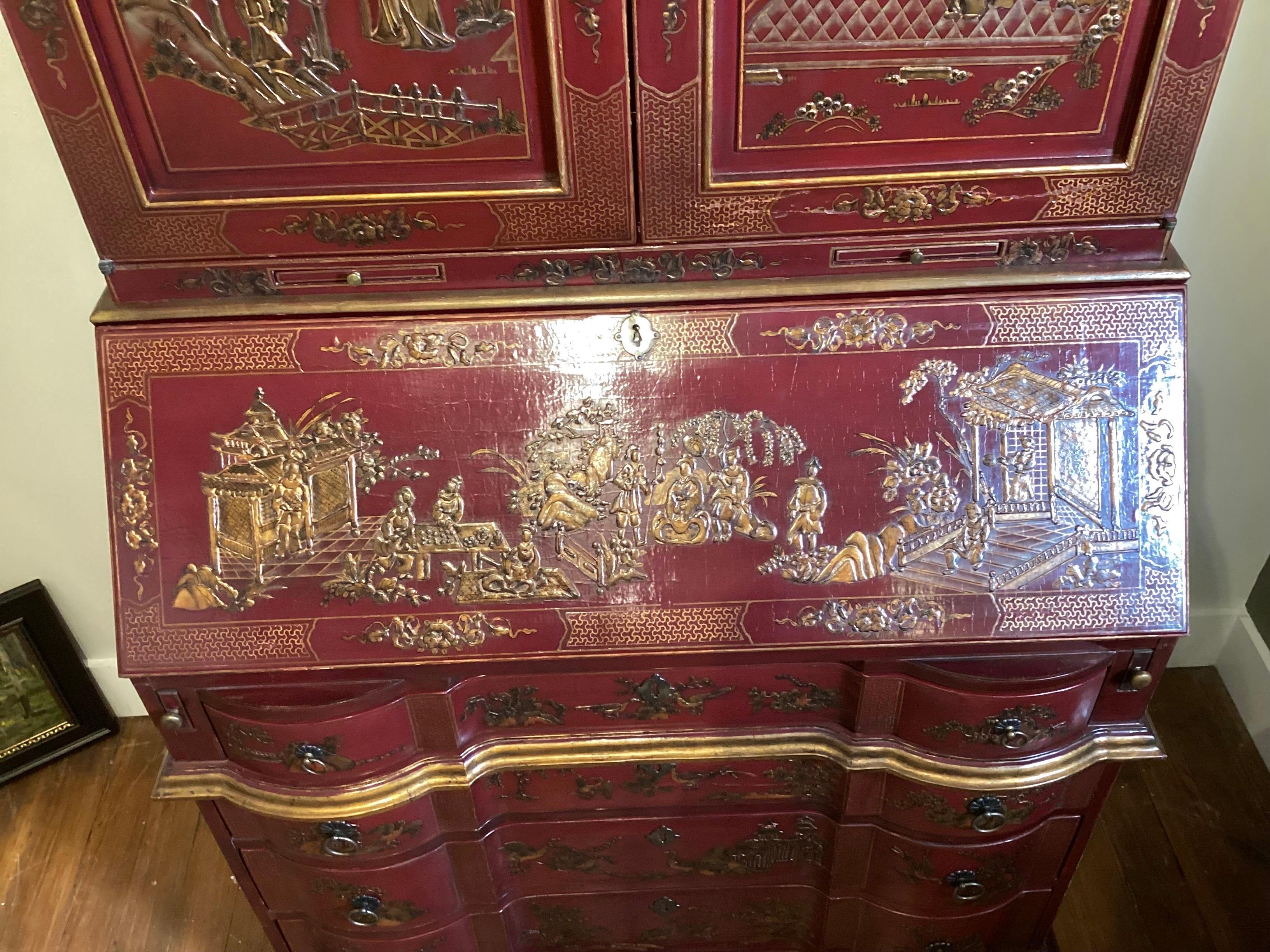 Elegant Red Chinoiserie Hand Painted Secretary Desk  In Good Condition For Sale In Lambertville, NJ