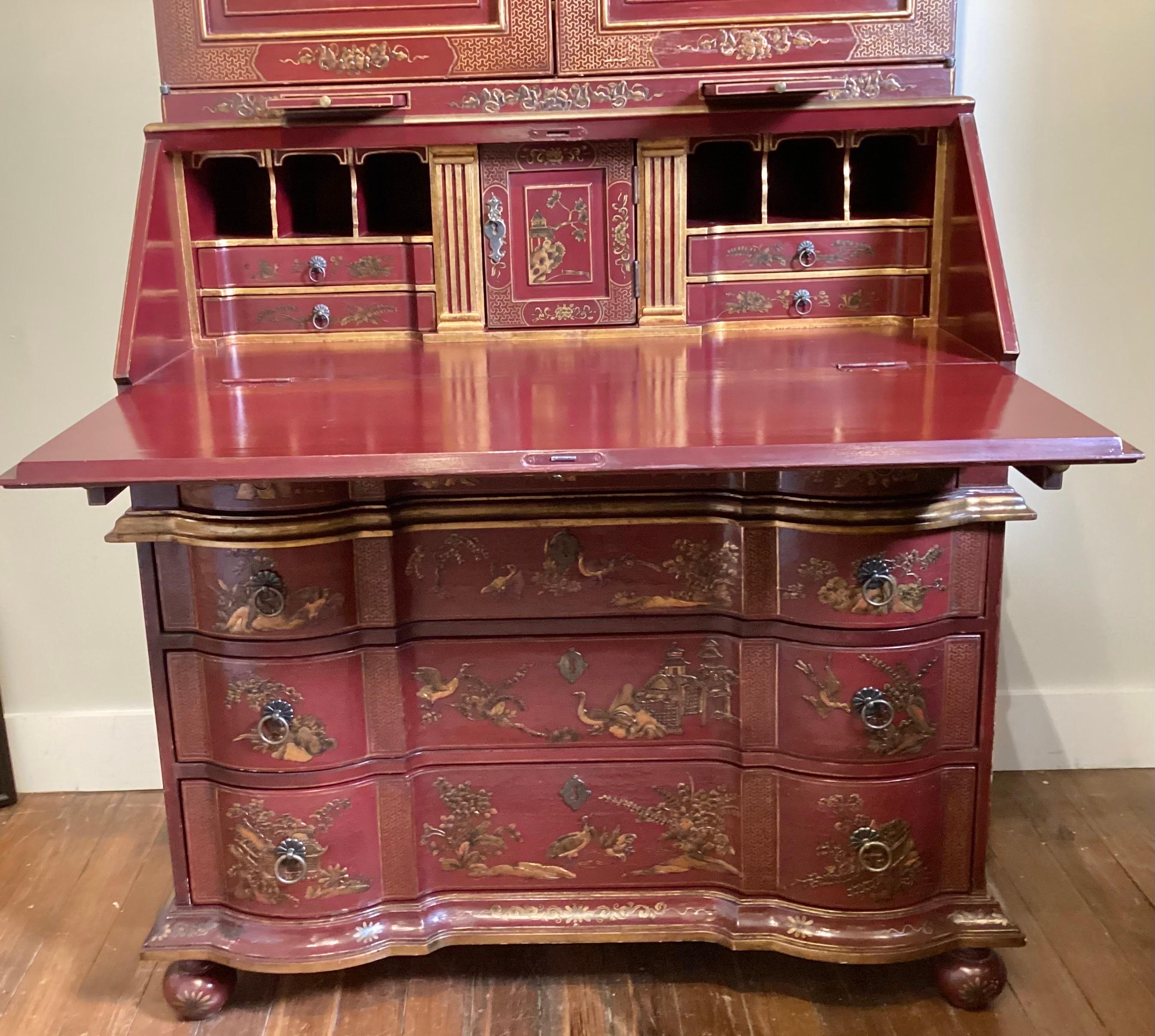 Hardwood Elegant Red Chinoiserie Hand Painted Secretary Desk  For Sale