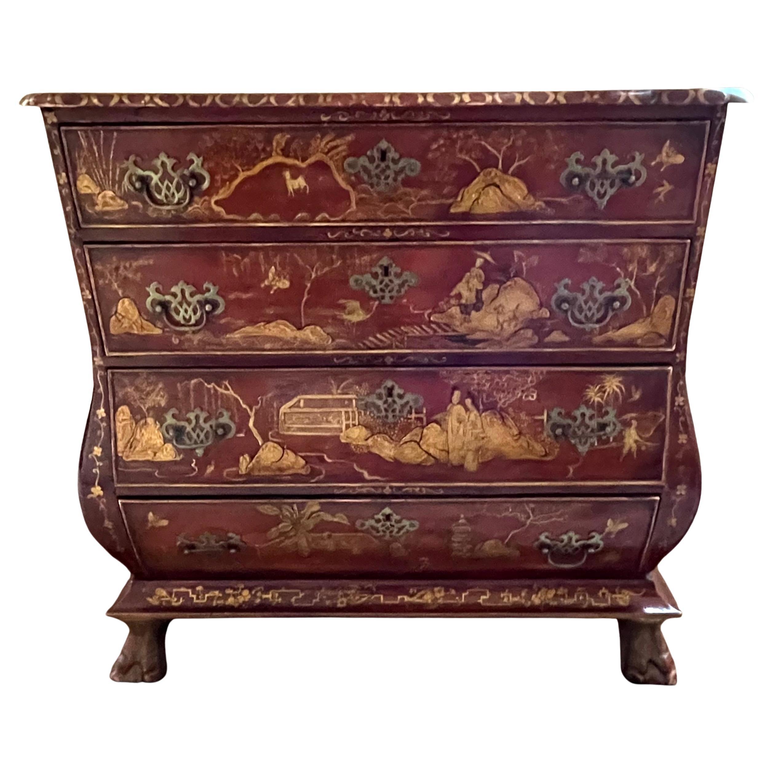 Elegant Red Japanned Anglo-Dutch Bombe Chest of 4 Drawers with Serpentine Top For Sale
