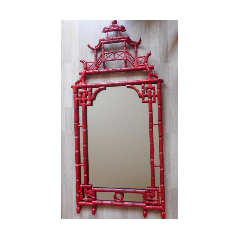 French Elegant Red Lacquer Chinoiserie Mirror