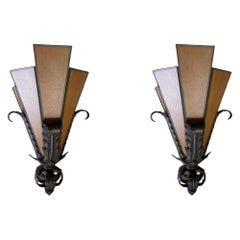Elegant Regency Art Deco Amber Slat Glass Wall Sconces, Pair