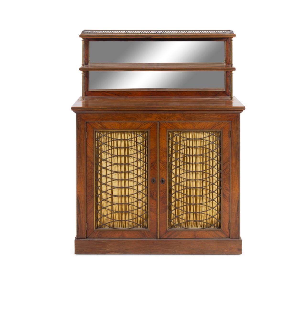 Elegant Regency rosewood chiffonier, great form and proportions. Two shelves with mirror back plate over two doors with brass grills. Great color and patination.