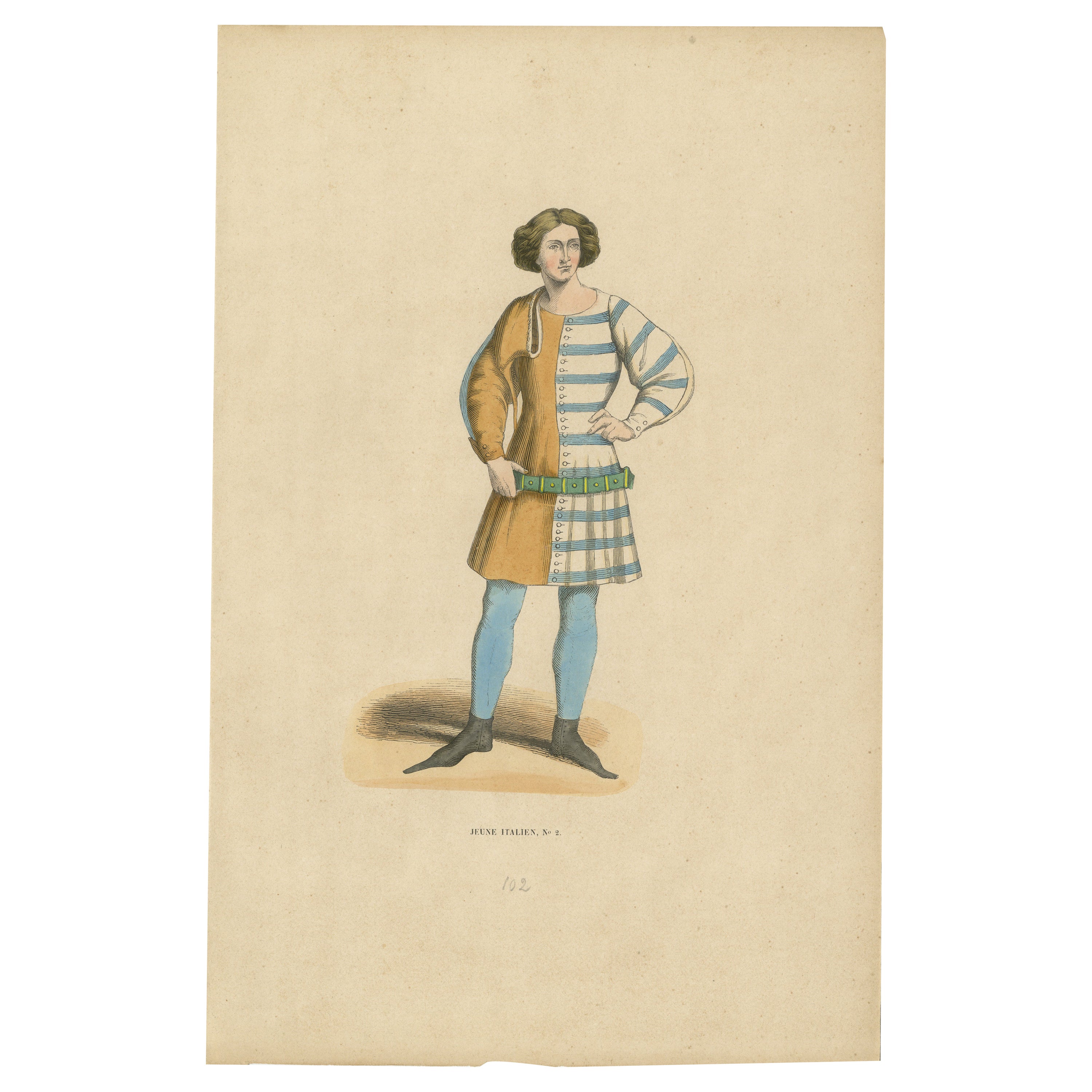 Elegante italienische Jugendstilmode der Renaissance, veröffentlicht und handkoloriert im Jahr 1847
