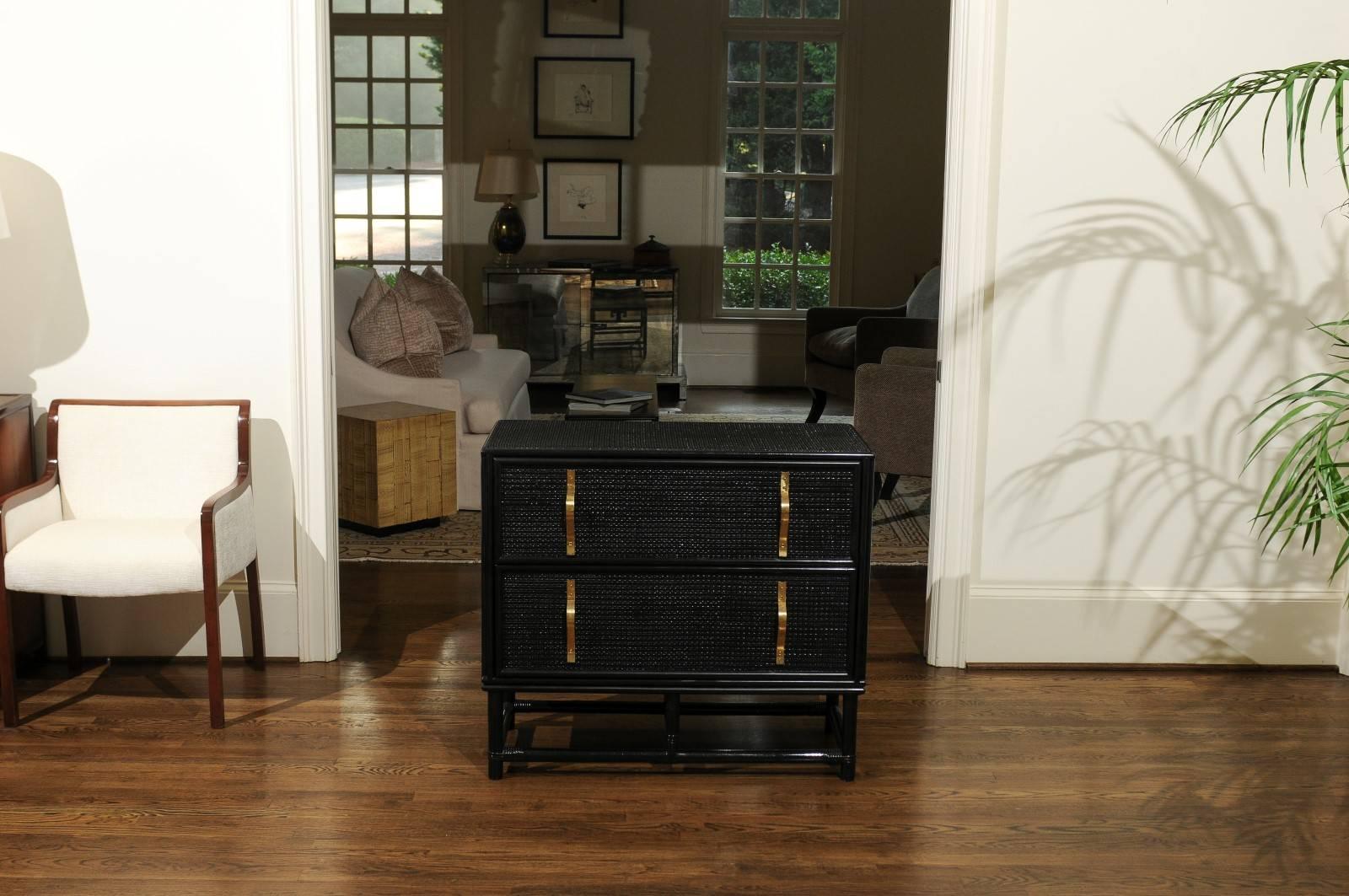 American Elegant Black Lacquer Cane and Brass Commode by Tommi Parzinger - Pair Available For Sale