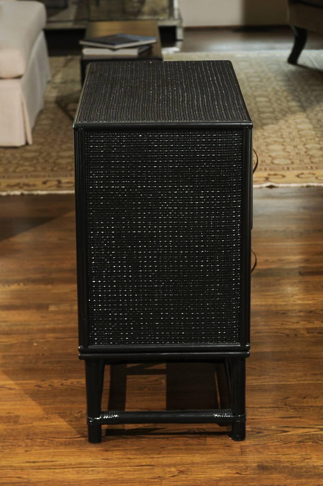 Elegant Black Lacquer Cane and Brass Commode by Tommi Parzinger - Pair Available For Sale 2