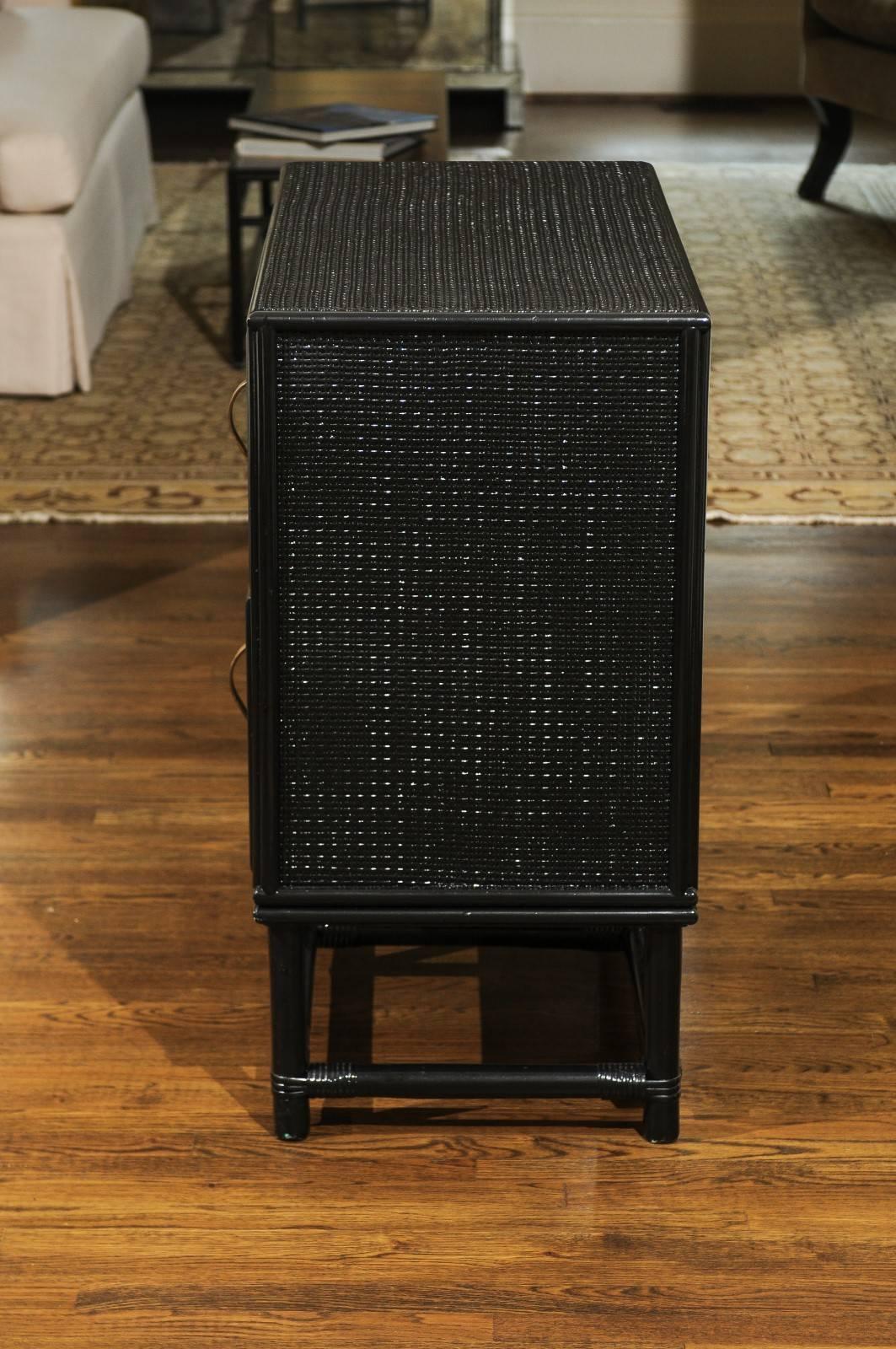 Elegant Black Lacquer Cane and Brass Commode by Tommi Parzinger - Pair Available For Sale 4