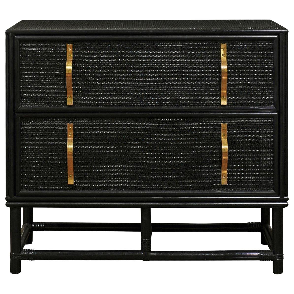 Elegant Black Lacquer Cane and Brass Commode by Tommi Parzinger - Pair Available For Sale