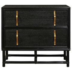 Elegant Black Lacquer Cane and Brass Commode by Tommi Parzinger - Pair Available