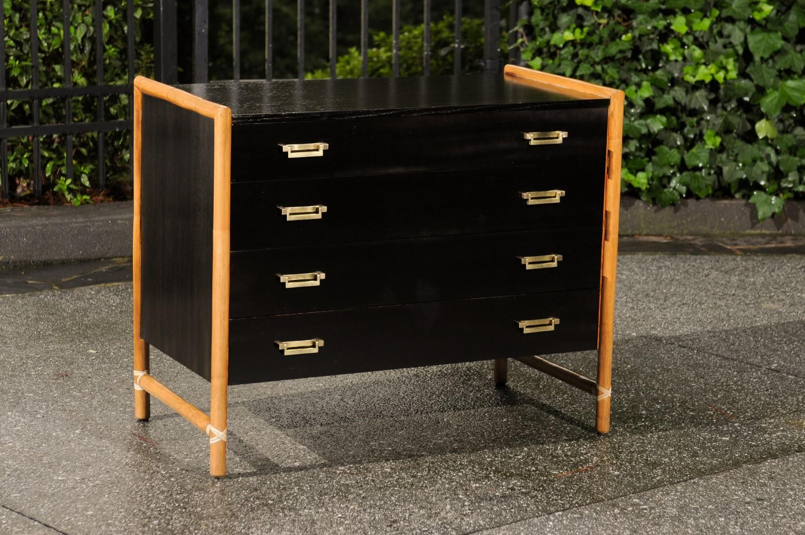 Organic Modern Elegant Restored Cerused Oak and Rattan Campaign Chest by McGuire, circa 1970 For Sale