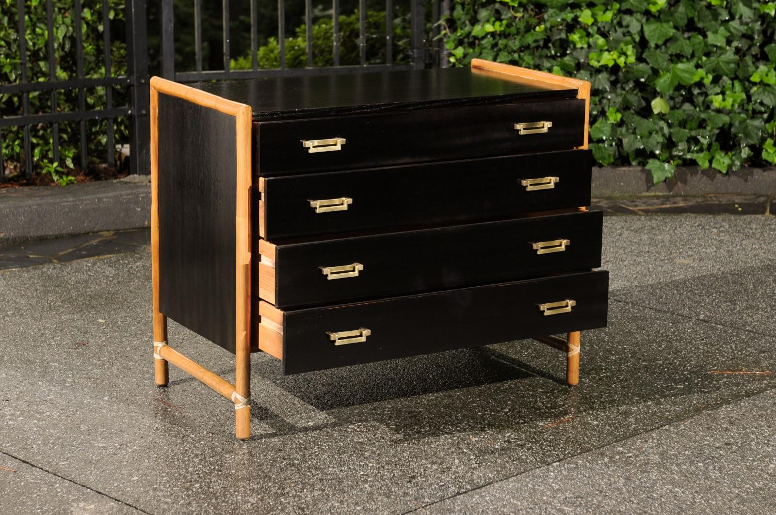 American Elegant Restored Cerused Oak and Rattan Campaign Chest by McGuire, circa 1970 For Sale