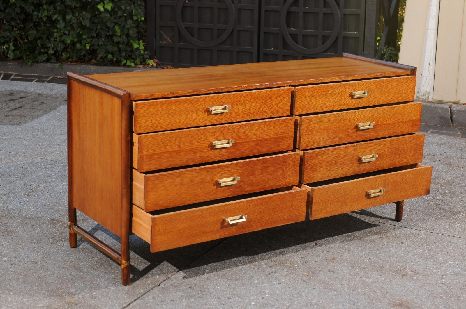 Mid-Century Modern Elegant Restored Oak and Rattan Campaign Chest by McGuire, circa 1970