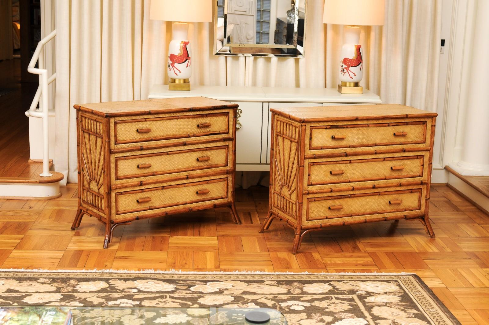 These magnificent chests are shipped as professionally photographed and described in the listing narrative: Meticulously professionally restored and completely installation ready. 

An incredible restored pair of commodes, circa 1950. Expertly
