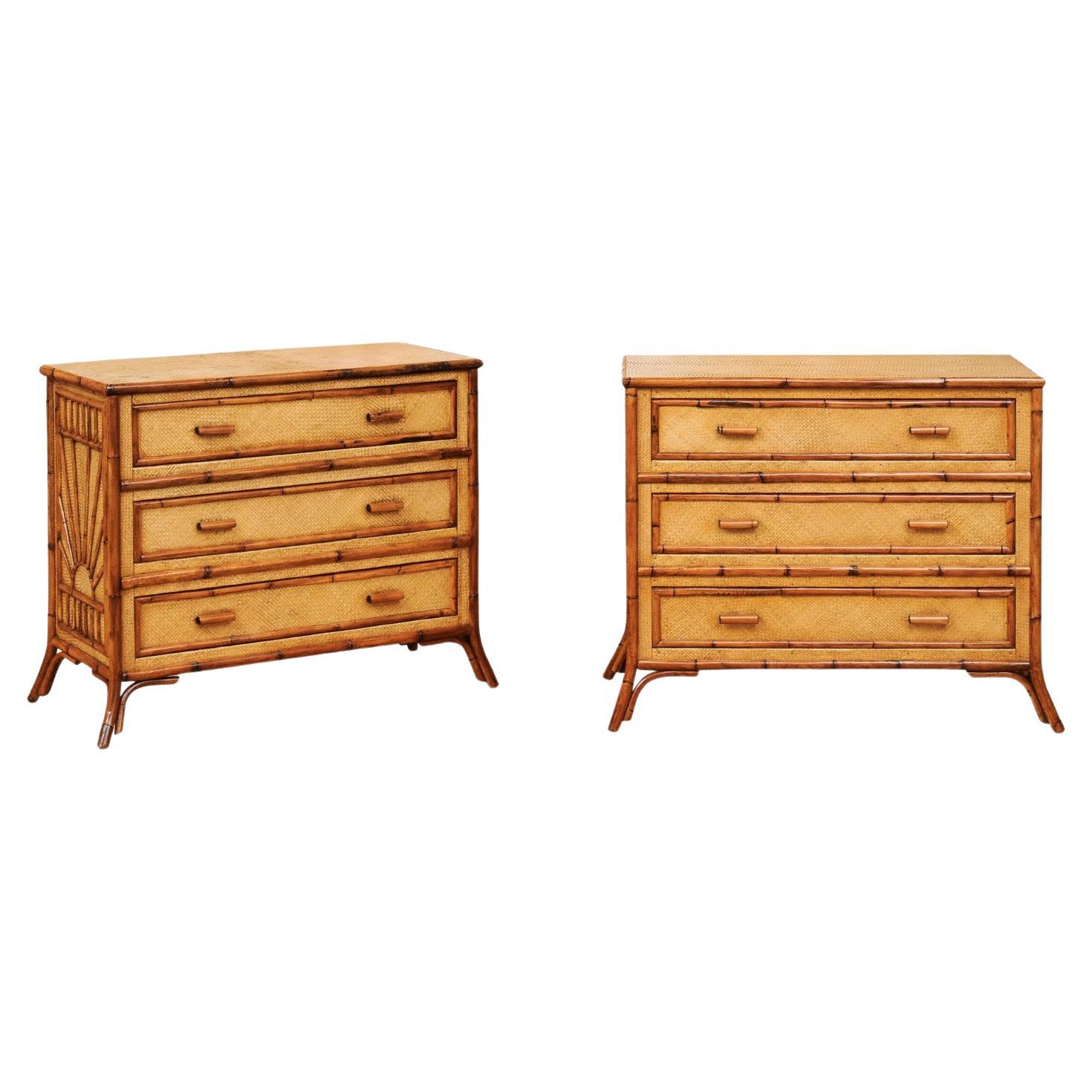 Elegant Restored Pair of Cane and Bamboo "Rising Sun" Commodes, circa 1950 For Sale