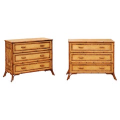 Vintage Elegant Restored Pair of Cane and Bamboo "Rising Sun" Commodes, circa 1950
