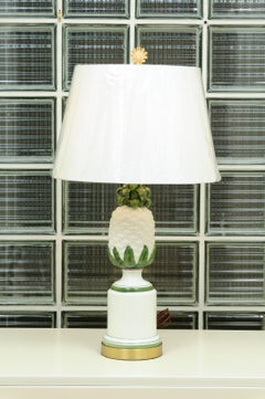 Elegant Restored Pair of Ceramic and Brass Pineapple Lamps, Italy, circa 1960