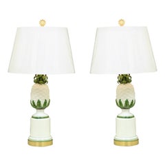 Retro Elegant Restored Pair of Ceramic and Brass Pineapple Lamps, Italy, circa 1960