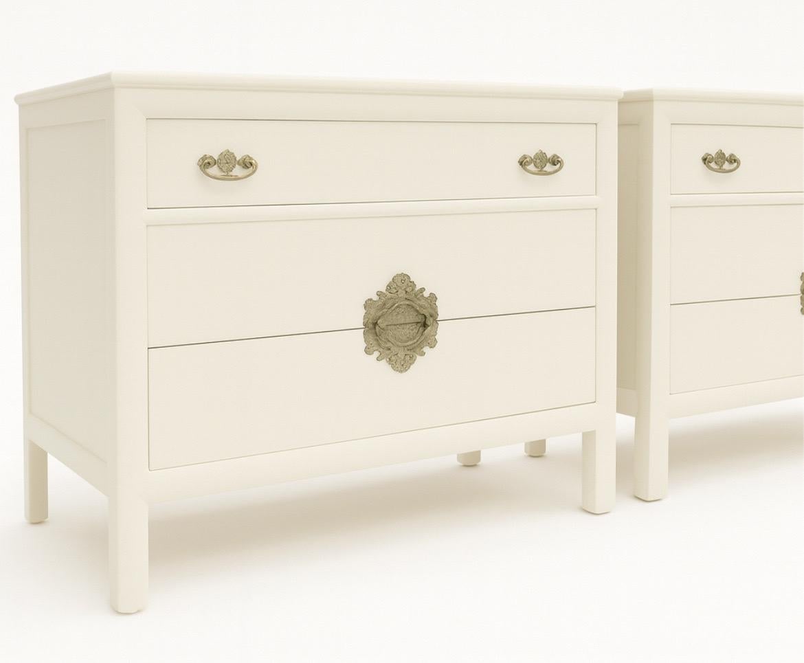 An stylish pair of Asian Modern commodes by Ray Sabota for Century Furniture Company, circa 1970. Expertly crafted mahogany case construction with handsome clean lines and detail. The fabulous solid brass hardware is the hallmark of this particular