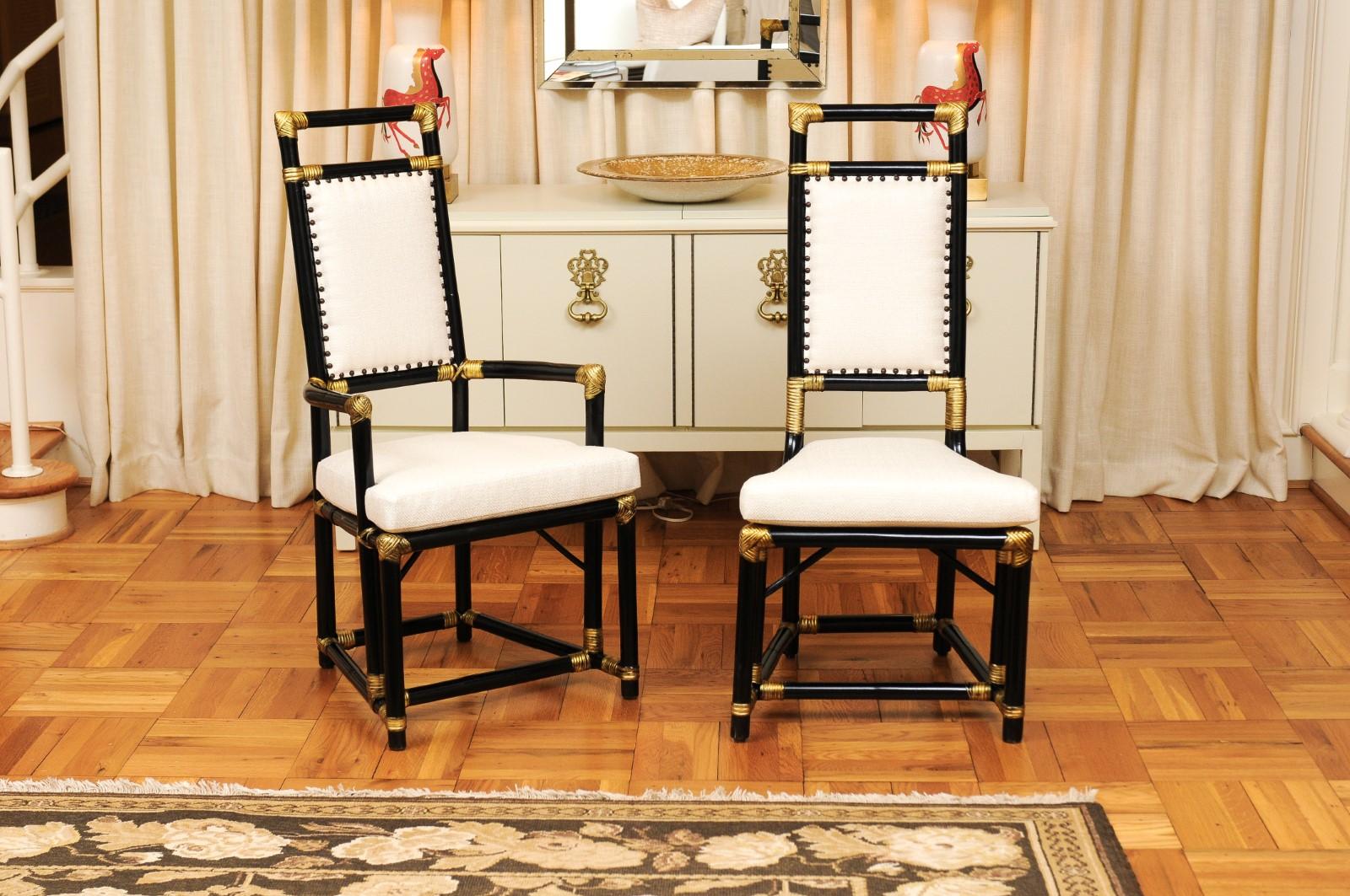 These magnificent dining chairs are shipped as professionally photographed and described in the listing: meticulously professionally restored, expertly upholstered and completely installation ready. This large set of impossible to find examples is