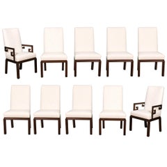 Elegant Set of 10 Walnut Greek Key Parsons Chairs by Baker, circa 1970