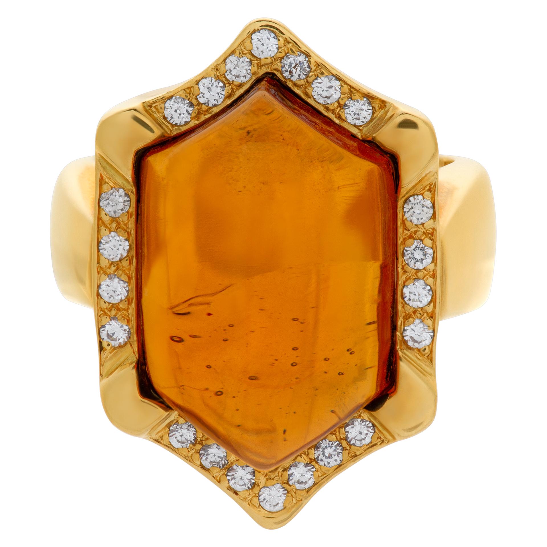 Elegant ring with hexagonal cabochon Madeira Citrine & approximately 0.20 carats in round G-H color, VS clarity diamonds set in 18k yellow gold. Size 4.75.  This Citrine ring is currently size 4.75 and some items can be sized up or down, please ask!