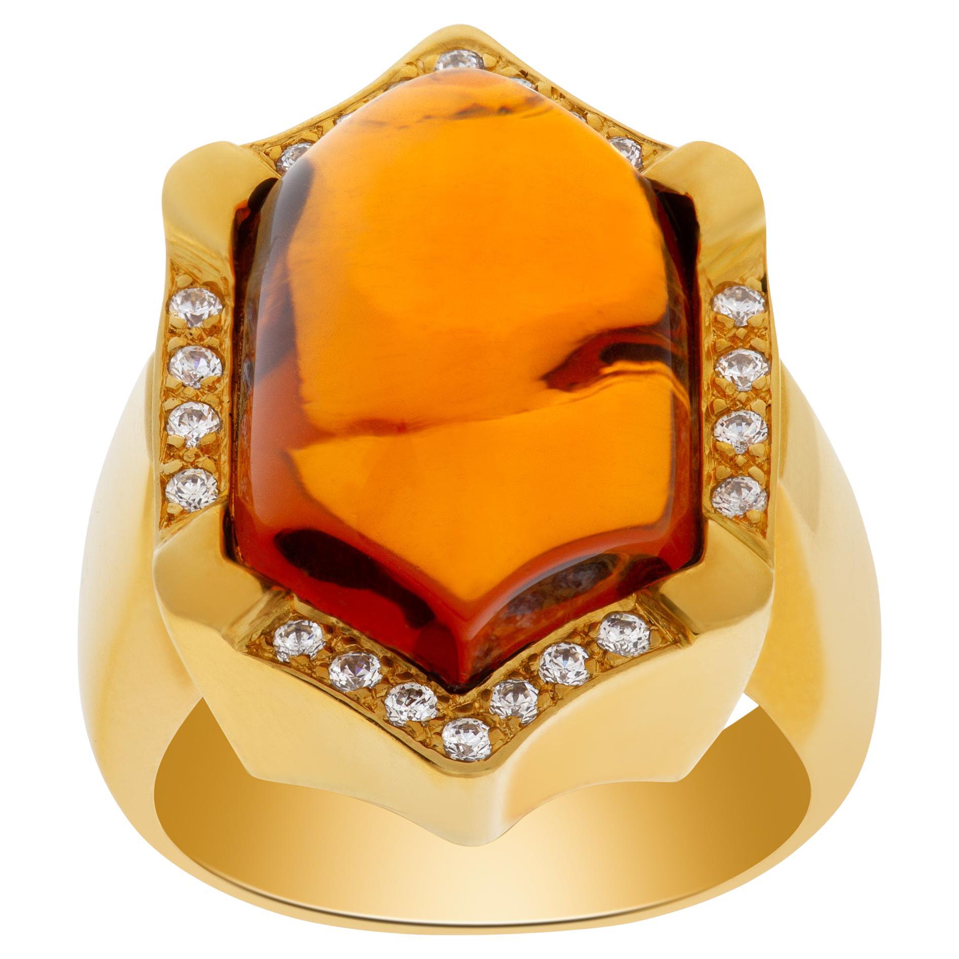 Elegant Ring with Hexagonal Cabochon Madeira Citrine Ring, 18k Yellow Gold For Sale