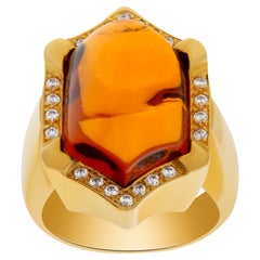 Bague élégante avec citrine Madeira cabochon hexagonale, or jaune 18 carats