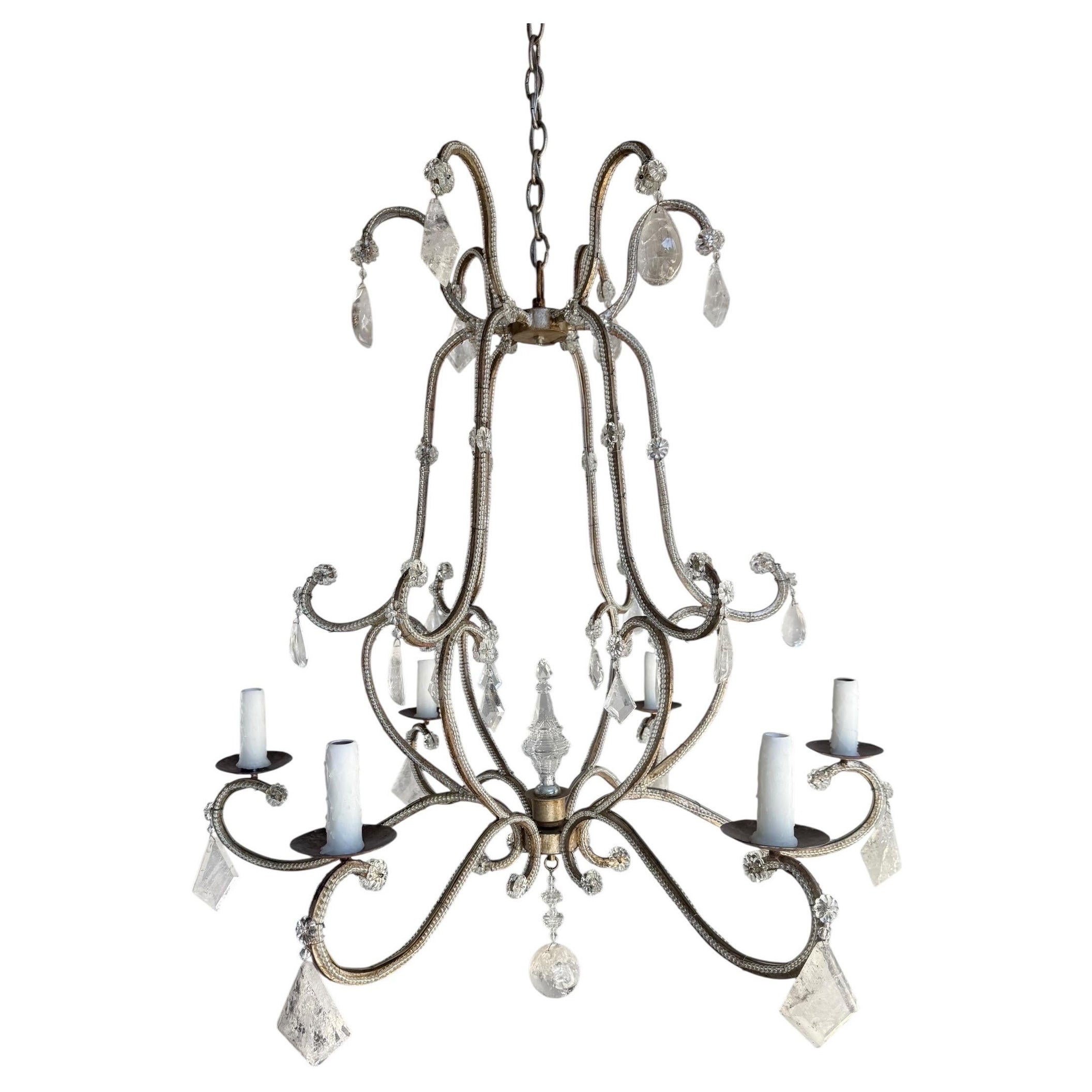 Elegant Rock Crystal and Iron Six-Light Chandelier